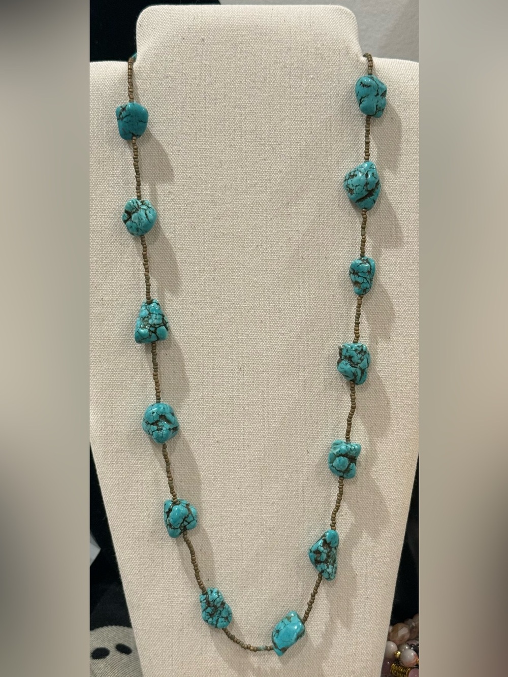 Turquoise Nugget Bead Necklace - Blue Turquoise Long Strand